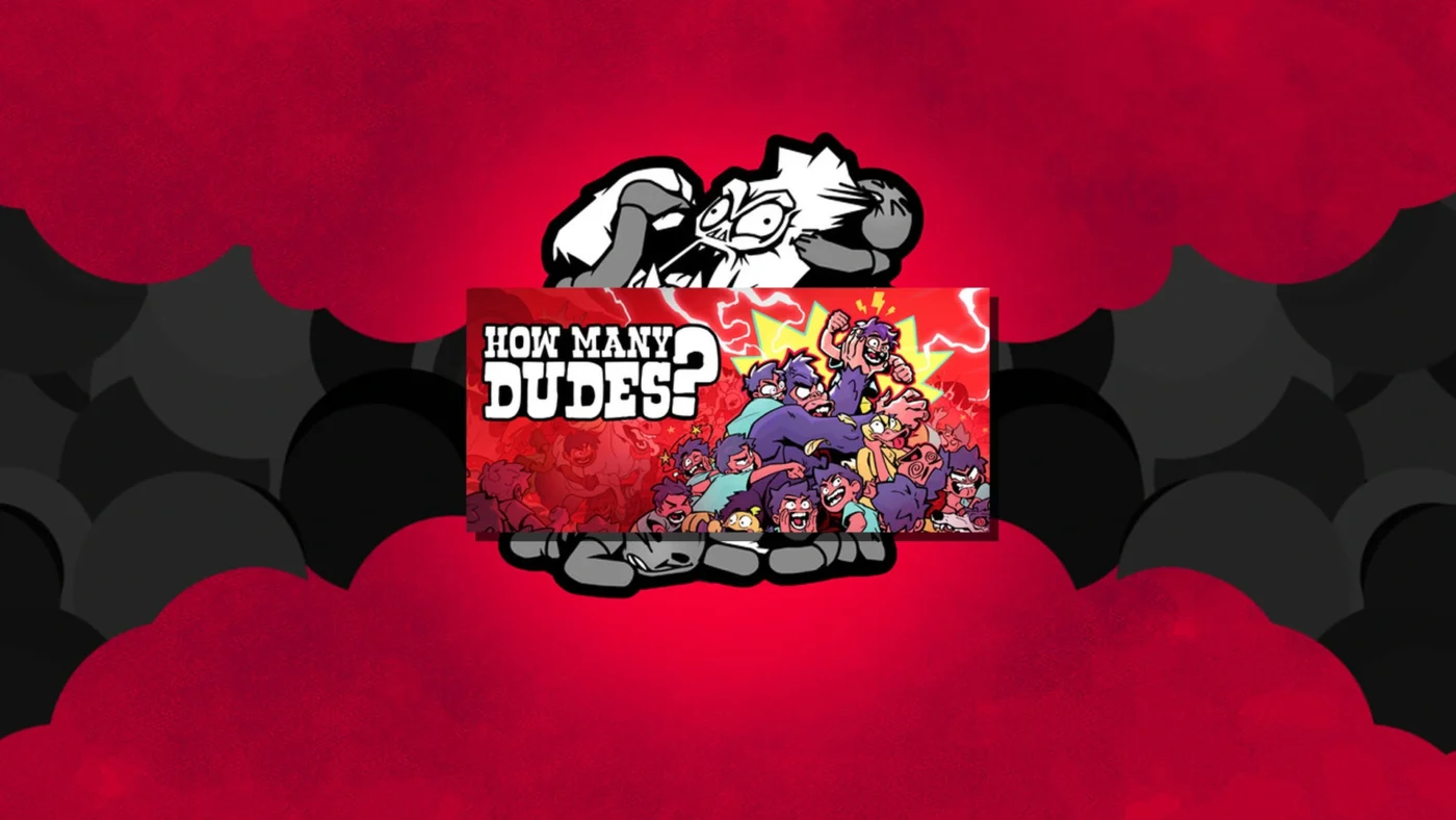 Illustration de couverture de How Many Dudes?, roguelike autobattler délirant avec une armée de Dudes en bataille sur fond rouge stylisé.