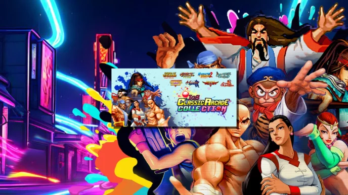 Illustration de IGS Classic Arcade Collection présentant plusieurs personnages de jeux d’arcade rétro dans une ambiance colorée inspirée des salles de jeu.