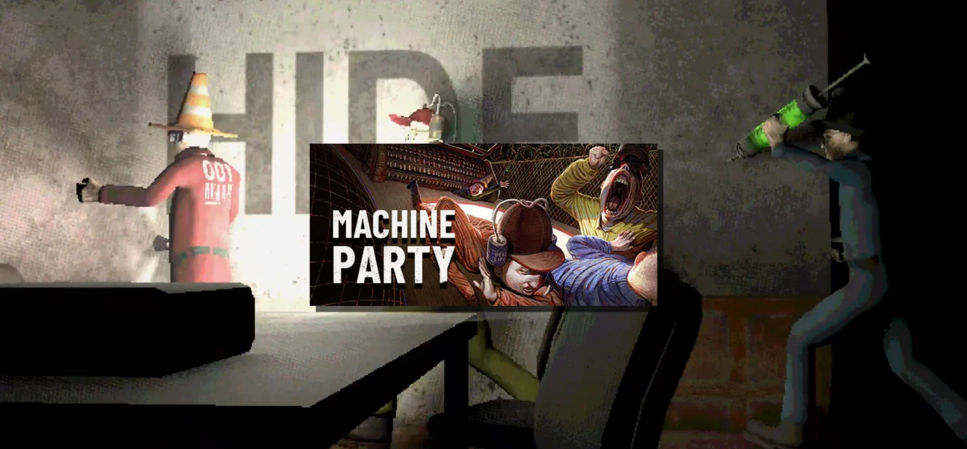 Logo Machine Party avec scène de mini-jeux violents et cobayes personnalisables