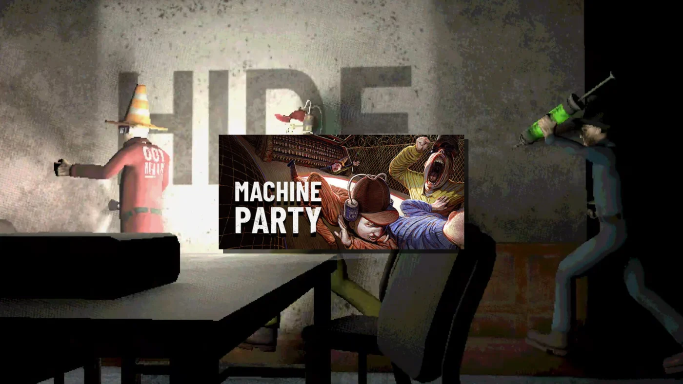 Logo Machine Party avec scène de mini-jeux violents et cobayes personnalisables