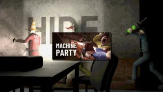 Logo Machine Party avec scène de mini-jeux violents et cobayes personnalisables