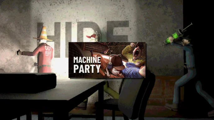 Logo Machine Party avec scène de mini-jeux violents et cobayes personnalisables