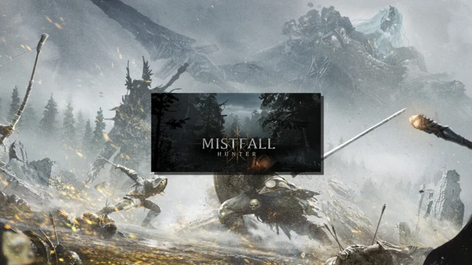 Logo Mistfall Hunter superposé à une illustration de champ de bataille dark fantasy avec chasseurs et créature géante dans la brume