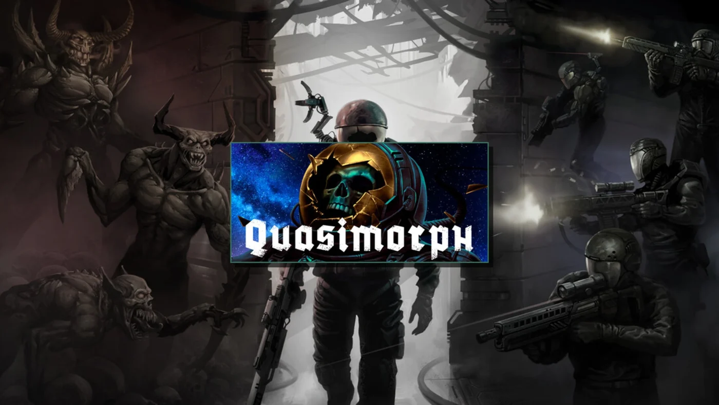 Logo Quasimorph avec casque d'astronaute fissuré, soldats et démons cyberpunk