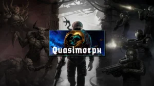 Logo Quasimorph avec casque d'astronaute fissuré, soldats et démons cyberpunk