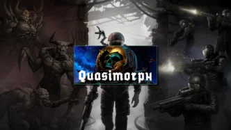 Logo Quasimorph avec casque d'astronaute fissuré, soldats et démons cyberpunk