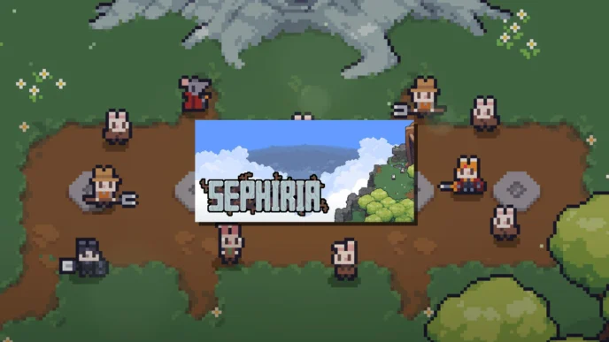 Logo Sephiria incrusté sur une vue du village de Bunnyville, habitants lapins en pixel art