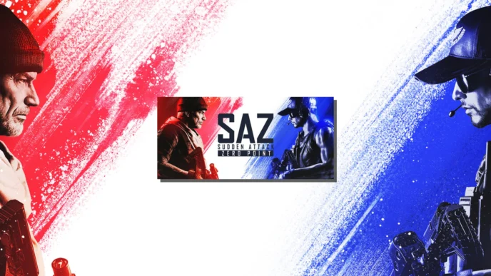 Affiche du jeu Sudden Attack Zero Point avec deux soldats face à face sur fond bleu et rouge