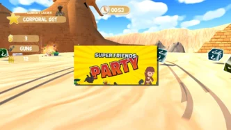 Capture d’écran de Super Friends Party montrant un mini-jeu multijoueur dans un décor désertique, avec interface de score et logo du jeu.