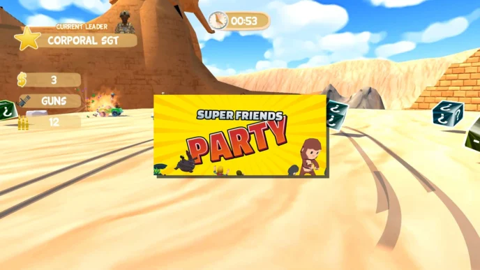 Capture d’écran de Super Friends Party montrant un mini-jeu multijoueur dans un décor désertique, avec interface de score et logo du jeu.