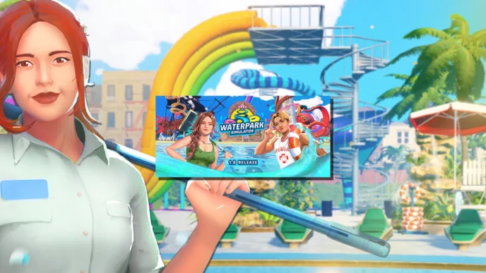 Illustration de Waterpark Simulator montrant deux personnages près d'un toboggan et une bannière annonçant la sortie de la version 1.0
