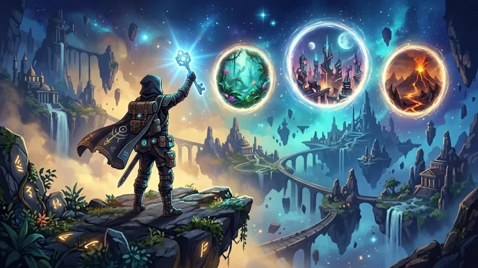Aventurier vu de dos avec une clé lumineuse devant des portails fantastiques, illustration de l’anime Kingdom Hearts