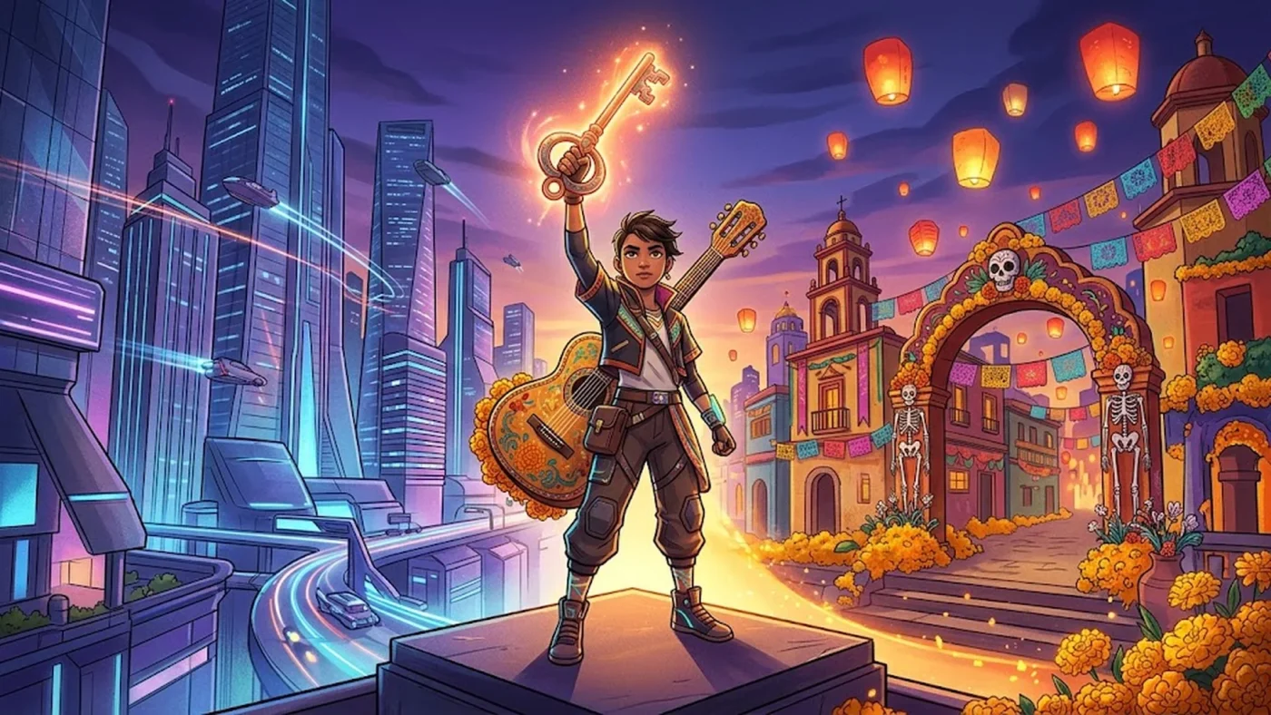 Héros original brandissant une clé lumineuse entre une ville futuriste et un décor coloré inspiré de Coco