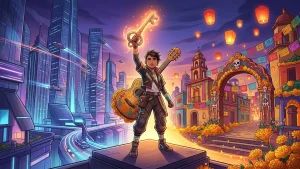 Héros original brandissant une clé lumineuse entre une ville futuriste et un décor coloré inspiré de Coco