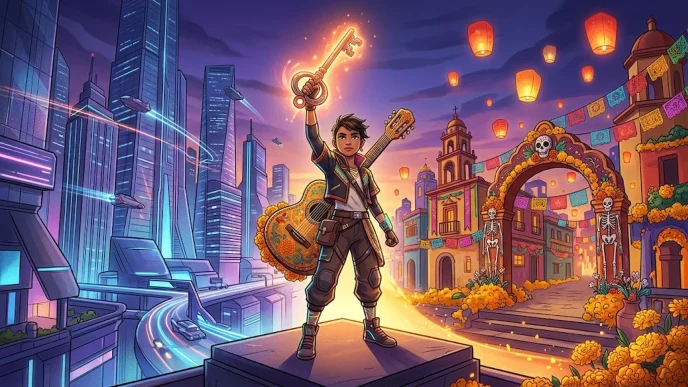 Héros original brandissant une clé lumineuse entre une ville futuriste et un décor coloré inspiré de Coco