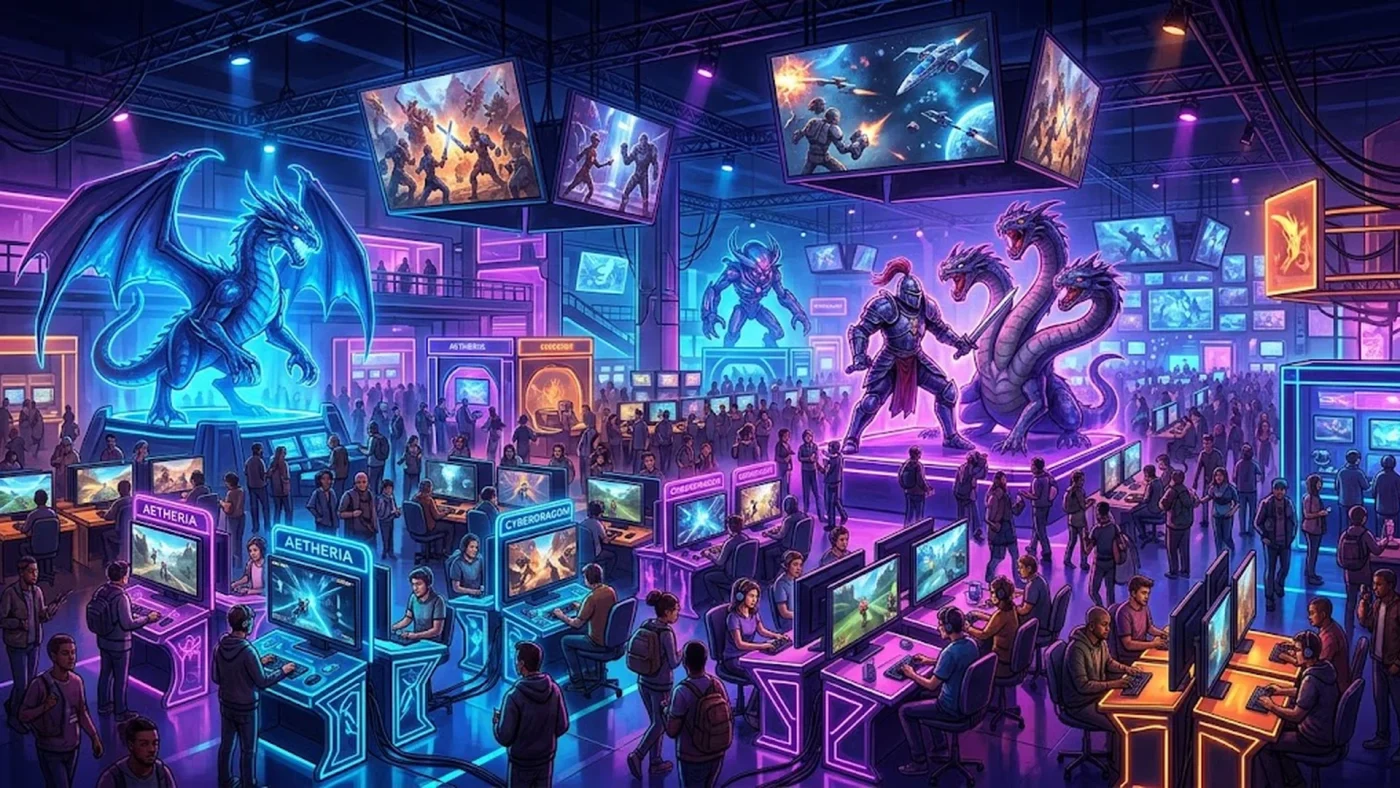 Salon de jeu vidéo avec stands lumineux et écrans géants illustrant Arknights Endfield à gamescom 2026, version Steam et collaboration Fortnite