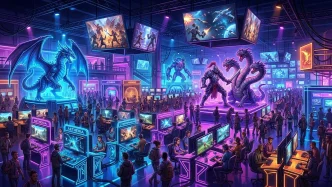 Salon de jeu vidéo avec stands lumineux et écrans géants illustrant Arknights Endfield à gamescom 2026, version Steam et collaboration Fortnite