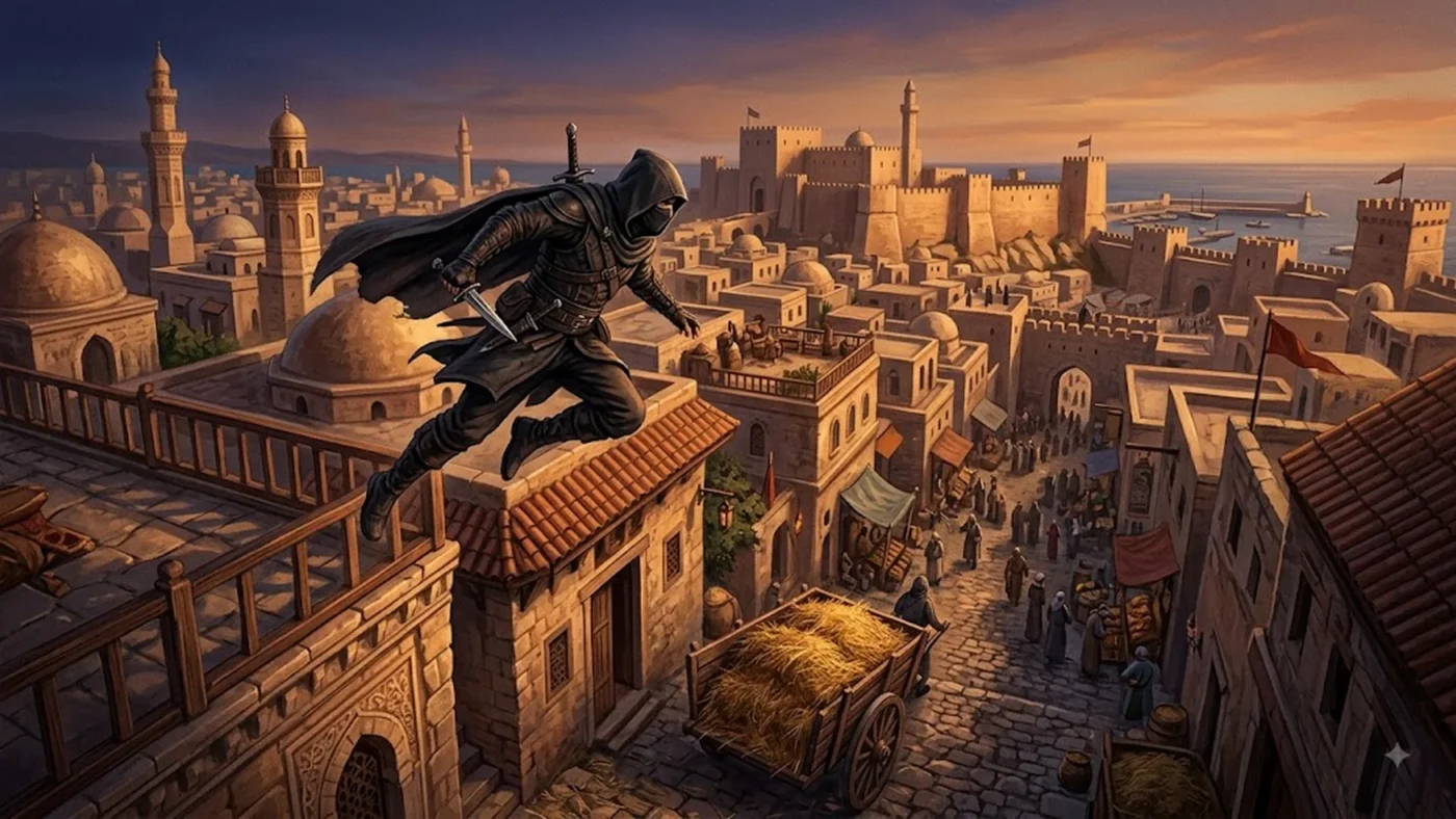 Guerrier médiéval anonyme escaladant une tour au-dessus d’une cité levantine, scène évoquant le parkour d’Assassin’s Creed 2007.