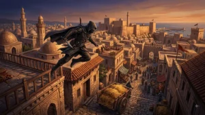 Guerrier médiéval anonyme escaladant une tour au-dessus d’une cité levantine, scène évoquant le parkour d’Assassin’s Creed 2007.