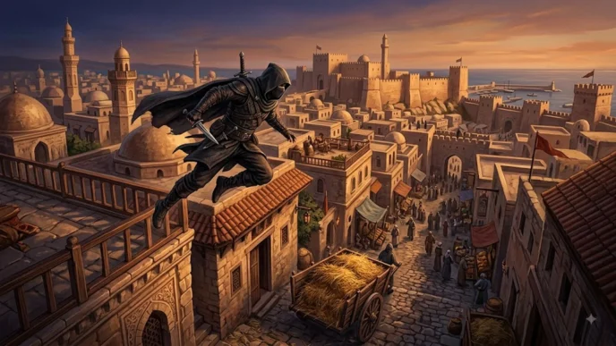 Guerrier médiéval anonyme escaladant une tour au-dessus d’une cité levantine, scène évoquant le parkour d’Assassin’s Creed 2007.