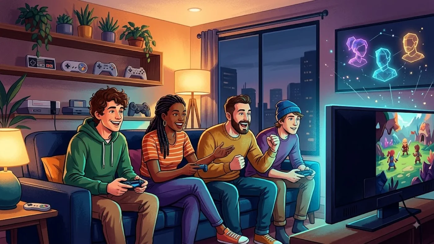 Amis réunis dans un salon pour jouer ensemble à un jeu coopératif en multijoueur local.
