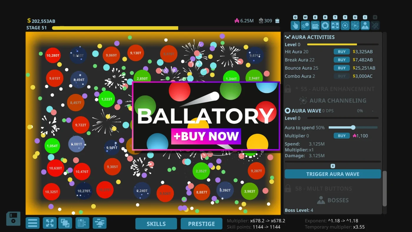 Illustration du jeu Ballatory montrant des balles colorées rebondissantes détruisant des noyaux dans un gameplay idle minimaliste sur Steam