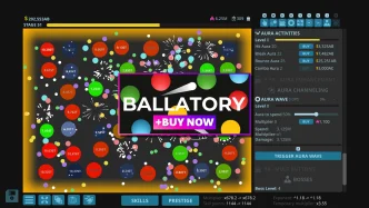 Illustration du jeu Ballatory montrant des balles colorées rebondissantes détruisant des noyaux dans un gameplay idle minimaliste sur Steam