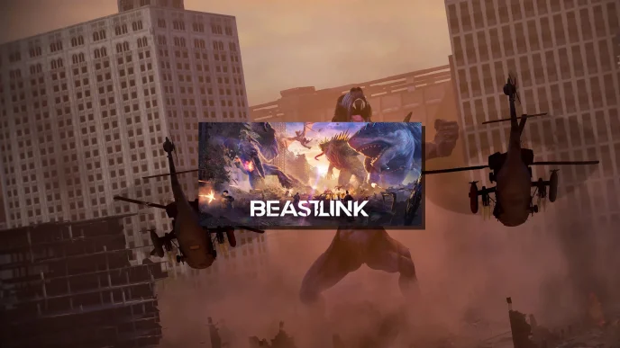 Illustration de BeastLink montrant un kaiju géant détruisant une ville pendant un combat multijoueur