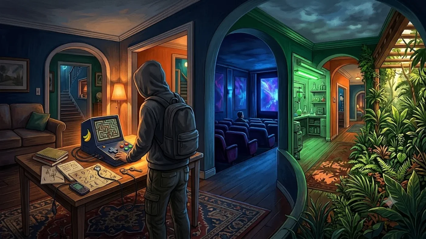 Illustration de Looking for Fael montrant un joueur dans un appartement labyrinthique, entre salon, cinéma, laboratoire et pièce végétalisée, avec une console rétro et des indices.