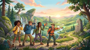 Illustration de Big Walk avec des amis explorant un paysage ouvert et communiquant pour progresser ensemble.