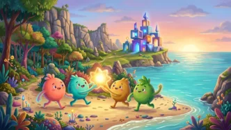 Quatre créatures explorent une île sauvage dans Big Walk, un jeu coopératif entre amis.