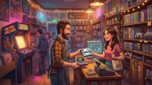 Boutique de jeux vidéo locale avec consoles rétro, jeux d’occasion et joueurs réunis autour d’une borne d’arcade