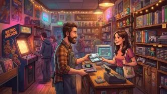 Boutique de jeux vidéo locale avec consoles rétro, jeux d’occasion et joueurs réunis autour d’une borne d’arcade
