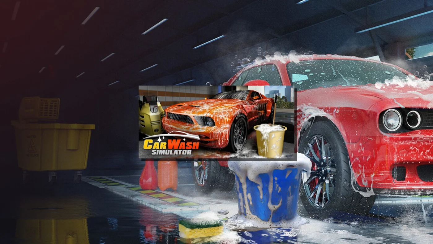 Illustration de Car Wash Simulator montrant une voiture lavée avec une mousse active dans une station de detailing automobile.