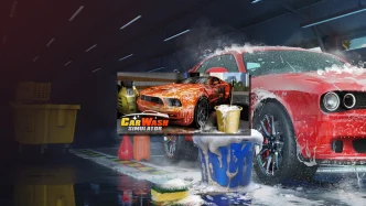Illustration de Car Wash Simulator montrant une voiture lavée avec une mousse active dans une station de detailing automobile.