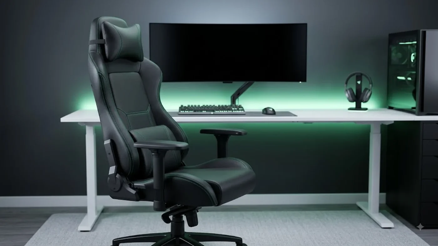 Chaise gaming noire cuir PU premium avec accoudoirs 4D réglables et soutien lombaire, setup gamer minimaliste en arrière-plan, test comparatif Razer Corsair Secretlab