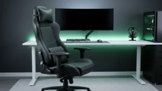 Chaise gaming noire cuir PU premium avec accoudoirs 4D réglables et soutien lombaire, setup gamer minimaliste en arrière-plan, test comparatif Razer Corsair Secretlab