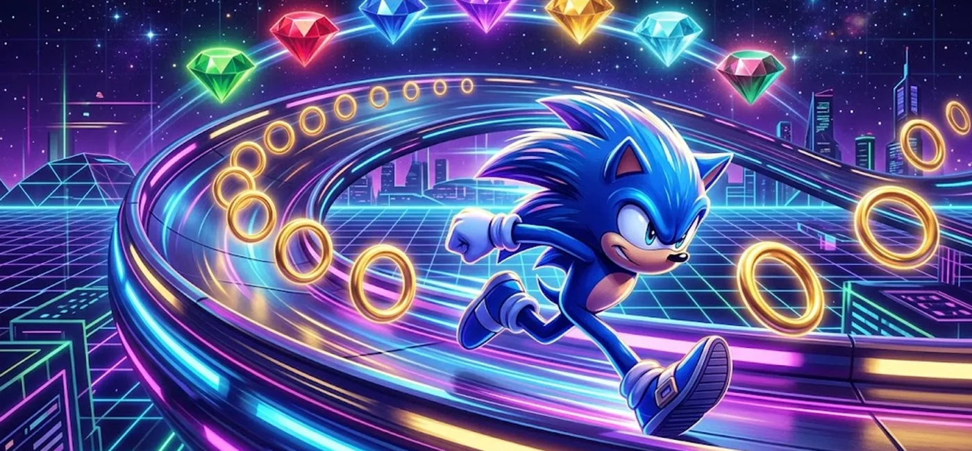 Illustration d'un hérisson bleu stylisé courant sur un demi-tube néon entouré d'anneaux dorés et des sept Chaos Emeralds de Sonic the Hedgehog 2, Special Stages et transformation Super Sonic sur Sonic Origins.