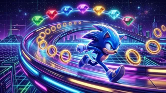 Illustration d'un hérisson bleu stylisé courant sur un demi-tube néon entouré d'anneaux dorés et des sept Chaos Emeralds de Sonic the Hedgehog 2, Special Stages et transformation Super Sonic sur Sonic Origins.