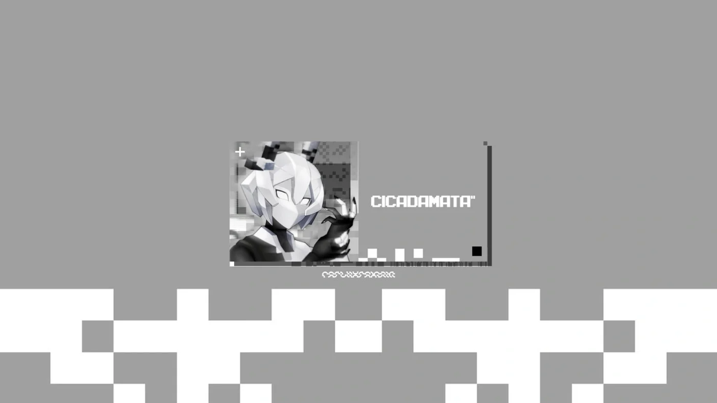 Personnage futuriste de CICADAMATA présenté dans un décor numérique monochrome