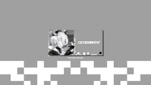 Personnage futuriste de CICADAMATA présenté dans un décor numérique monochrome