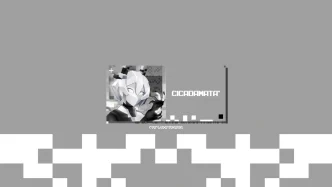 Personnage futuriste de CICADAMATA présenté dans un décor numérique monochrome