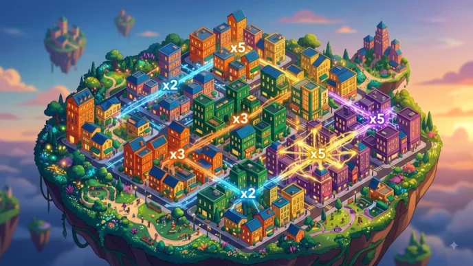 Illustration isométrique de Combolands, roguelike city builder inspiré de Balatro, montrant une ville miniature sur île flottante avec bâtiments en grille et effets de combos lumineux