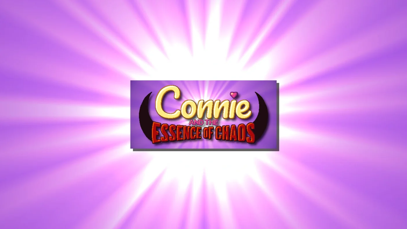 Illustration promotionnelle du jeu Connie and the Essence of Chaos avec logo sur fond violet rayonnant