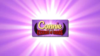 Illustration promotionnelle du jeu Connie and the Essence of Chaos avec logo sur fond violet rayonnant