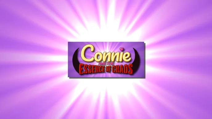 Illustration promotionnelle du jeu Connie and the Essence of Chaos avec logo sur fond violet rayonnant