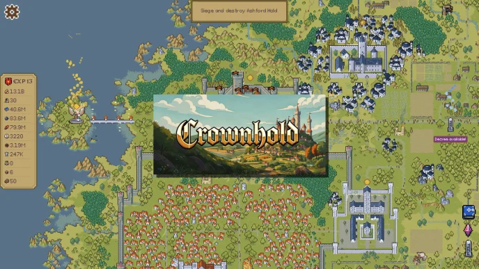 Illustration de Crownhold, jeu incrémental où un château médiéval s'agrandit au cœur d'un royaume en expansion