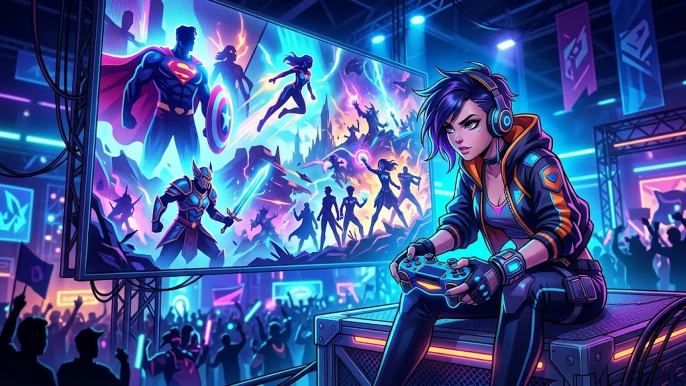 Illustration éditoriale des annonces jeux vidéo D23 2026 avec Kingdom Hearts IV et Marvel's Wolverine, style digital art gaming convention