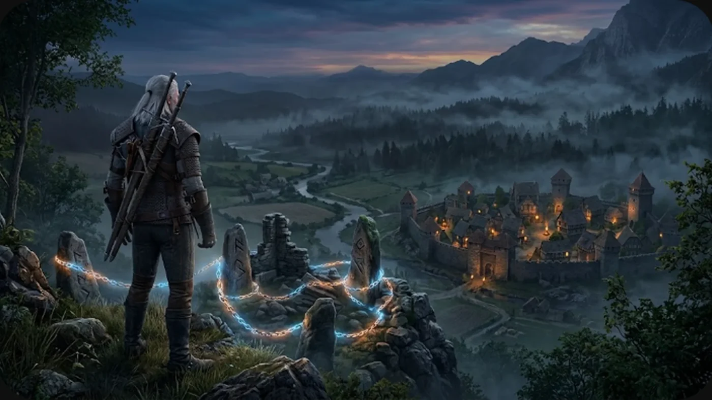 Illustration d’un sorceleur aux cheveux argentés observant Letten, la région rurale du DLC The Witcher 3 Songs of the Past, avec une chaîne enchantée au premier plan.