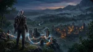 Illustration d’un sorceleur aux cheveux argentés observant Letten, la région rurale du DLC The Witcher 3 Songs of the Past, avec une chaîne enchantée au premier plan.